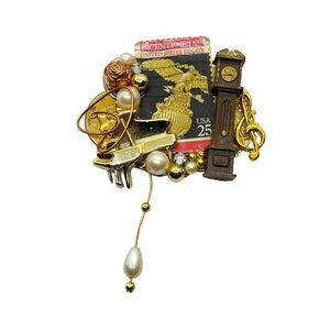 Maximal Art Brooch Pin One Of A Kind 80s Gold Tone Piano Clock Stamp Treble Clef